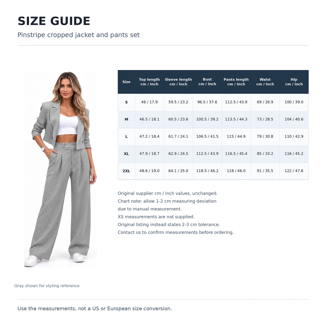 Size chart for the striped pants set, with S to 2XL supplier cm and inch values beside a model wearing the gray matching set.