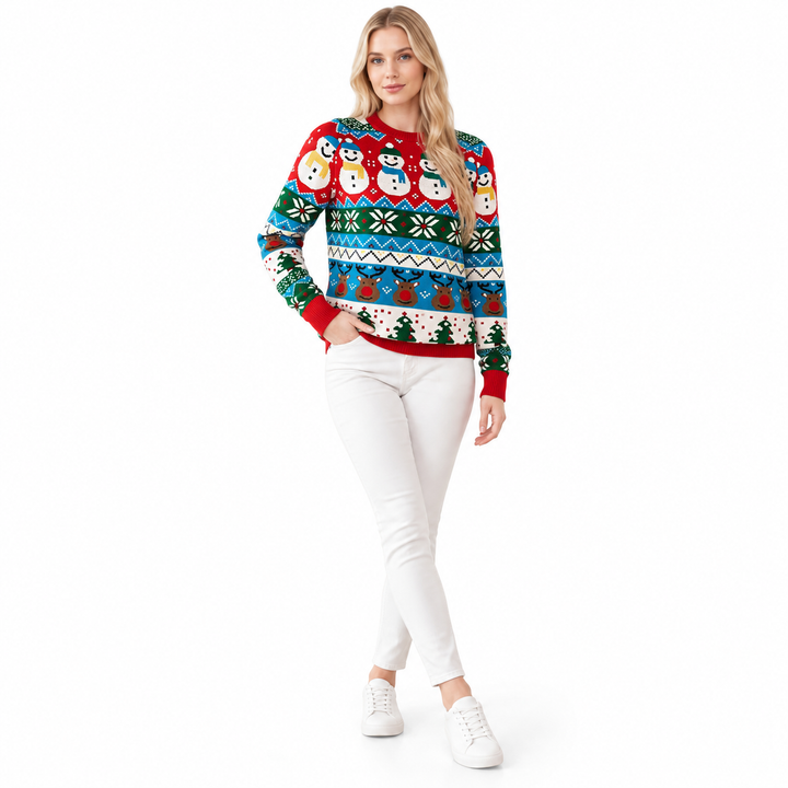 Red printed sweater on a blonde model, shown full length on a white background. The snowman print is shown for a closer look.