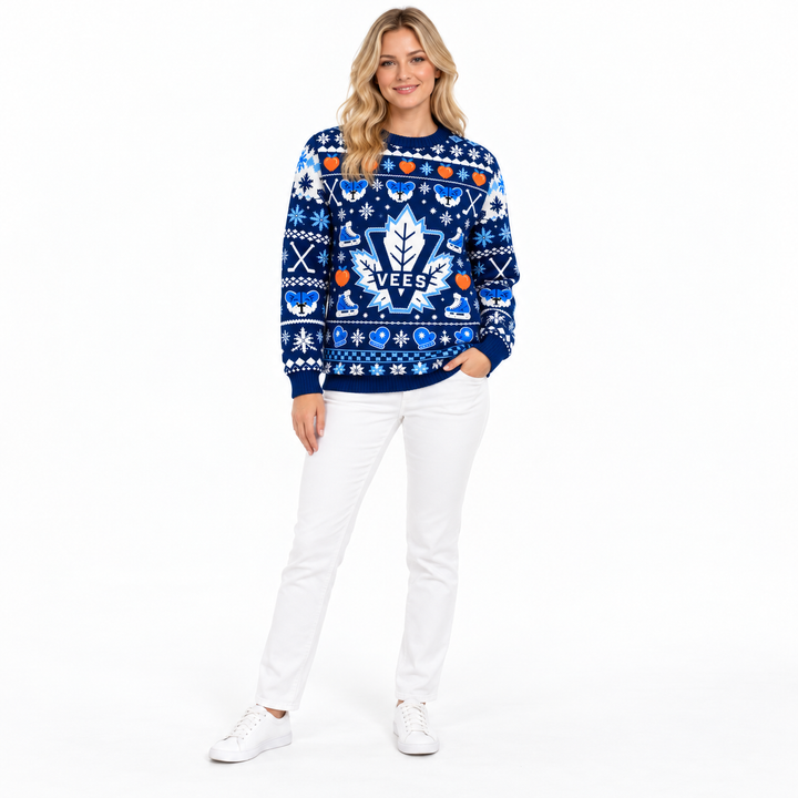 Blue hockey pullover on a model, shown full length against a white background. The hockey print is visible for a closer look.