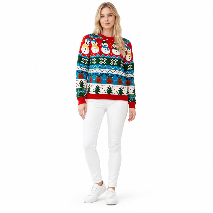 Red snowman pullover on a model, shown from the front on a white background. The snowman print can be seen for a closer look.