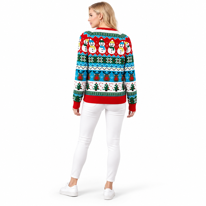Red snowman pullover on a model, viewed from behind on a white background. The snowman print appears in the pictured garment.