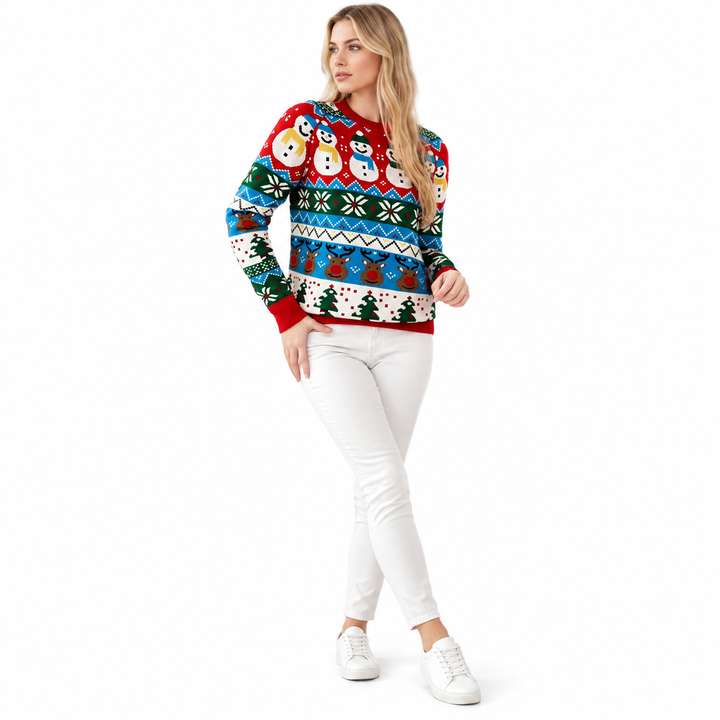 Red snowman pullover on a model, shown at an angle on a white background. The snowman print is visible in this product image.