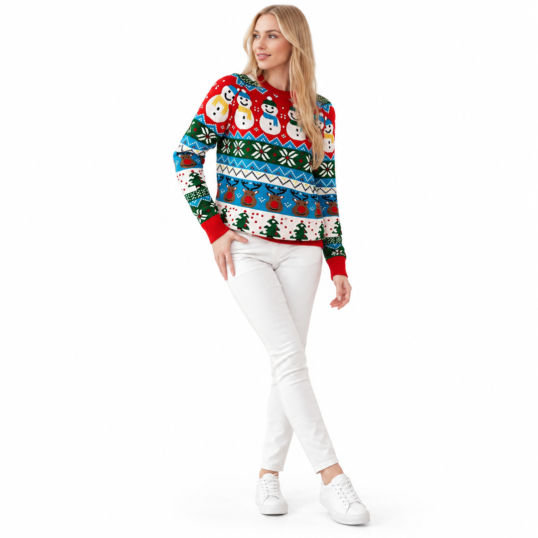 Red snowman pullover on a walking model, shown full length on a white background. The snowman print can be seen in this view.