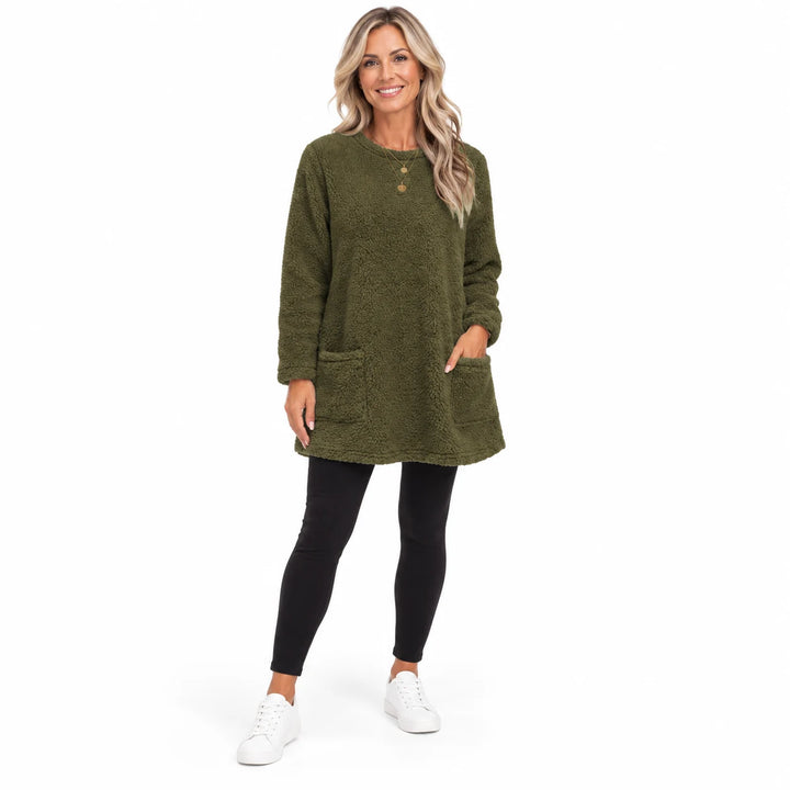Army Green long fleece pullover worn by an adult woman, with a round neck and front patch pockets, in a white studio setting.