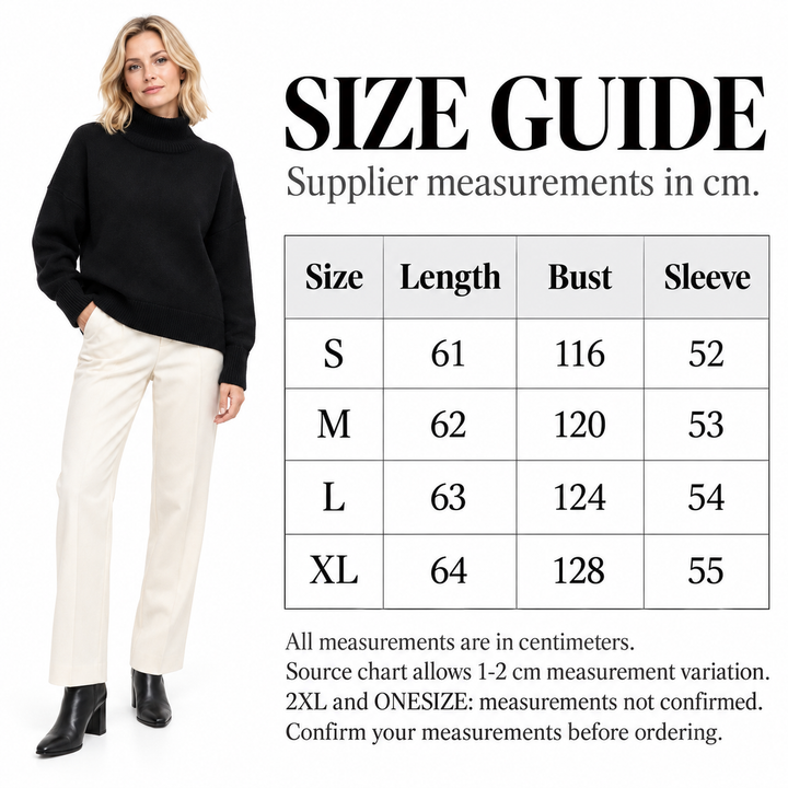 Size chart in centimeters for S, M, L and XL beside a standing model wearing a black turtleneck sweater on a white background
