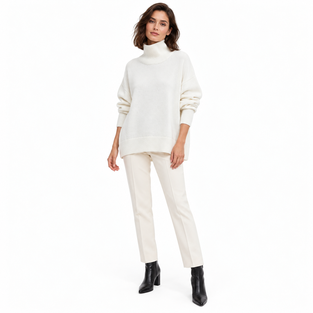 Full-length model wearing a white turtleneck sweater with ivory tailored trousers and black boots against a white background.