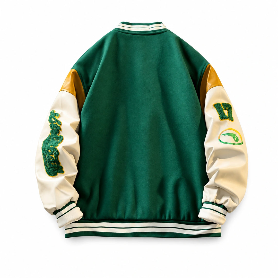 Green varsity jacket back view with a plain panel, cream sleeves, yellow shoulder inserts and striped ribbed trim.
