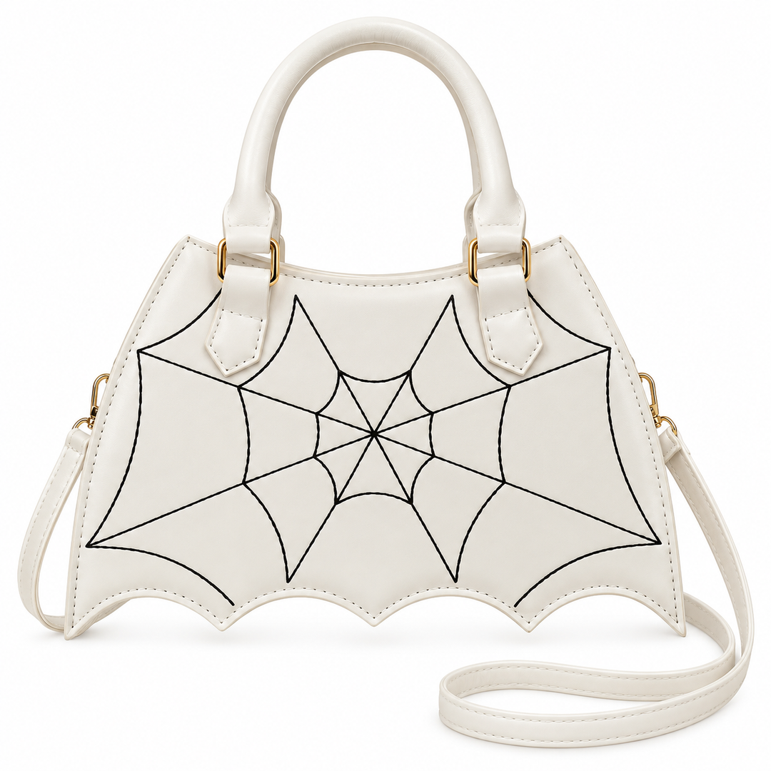 White crossbody saddle bag with black spiderweb detail, rounded top handles and a long strap against a white studio backdrop.