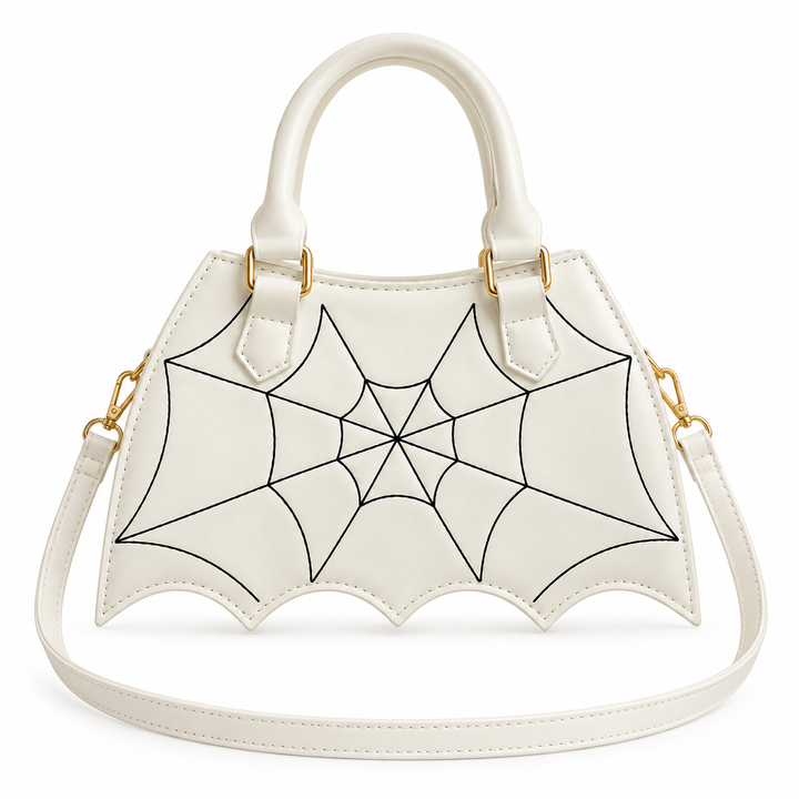 Front view of a white PU crossbody saddle bag showing the black web design, rounded carry handles and shoulder strap on white