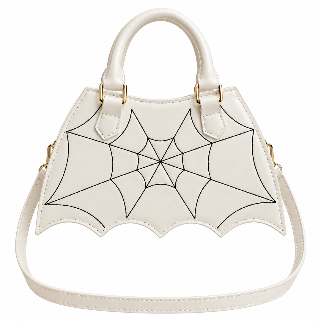 White spiderweb handbag shown from the front with its scalloped lower edge, rounded top handles and a matching shoulder strap