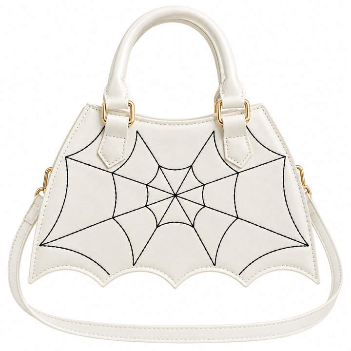 White handbag front showing the black spiderweb motif, scalloped lower outline and handle attachment tabs on a white backdrop