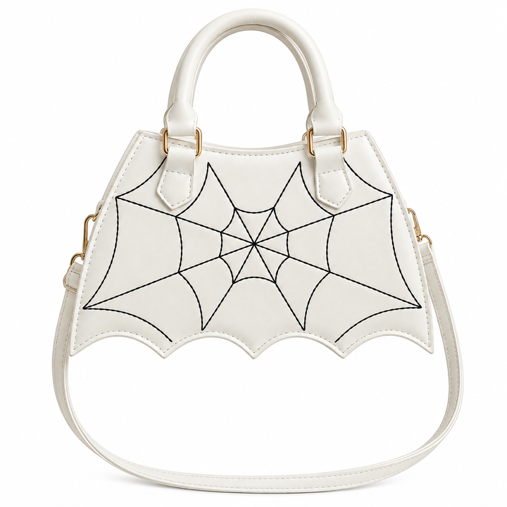 Confirmed White handbag with black spiderweb detail, rounded top handles and matching long shoulder strap on a white backdrop