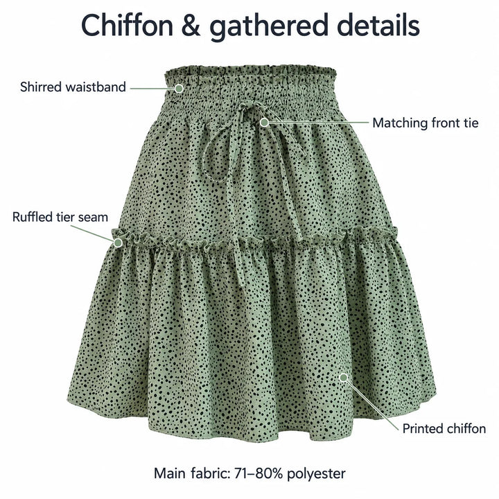 Green chiffon skirt with callouts for its shirred waistband, front tie, ruffled seam and polyester content