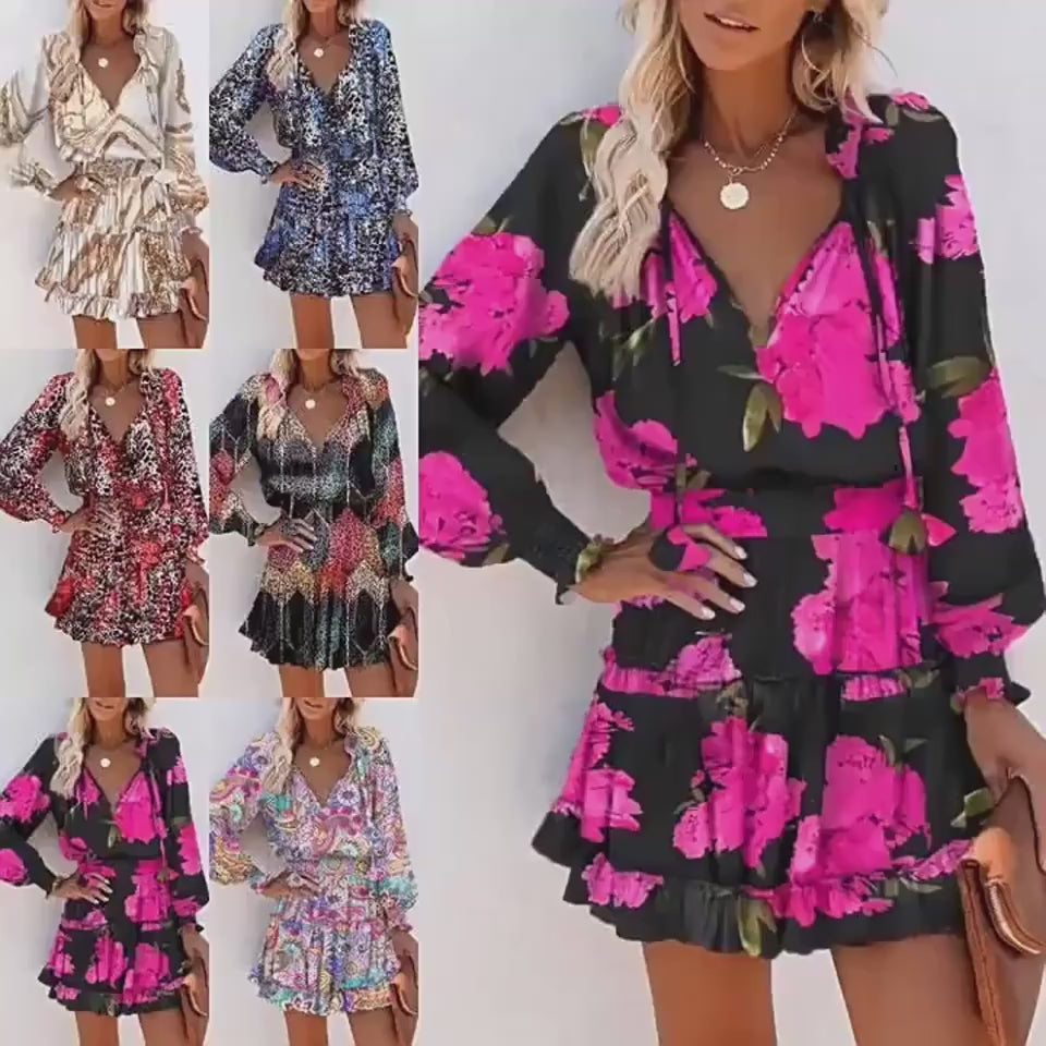 Floral long sleeve short dress styled with white sneakers, full outfit shot 