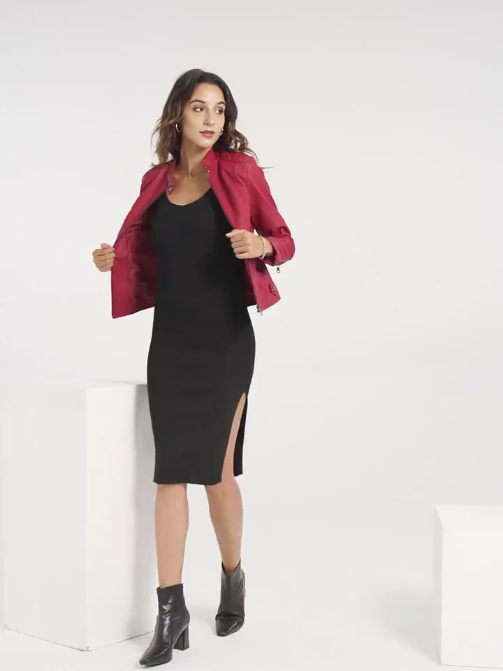 Street-style coffee color PU leather jacket for women, full front view

