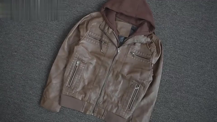 mens warm hooded PU leather jacket winter casual clothing