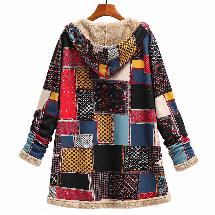 Red jacket rear view showing the printed hood