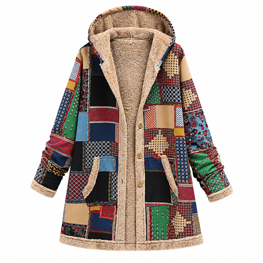 Green jacket front view with geometric patchwork print