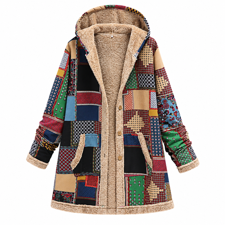 Green jacket front view with geometric patchwork print