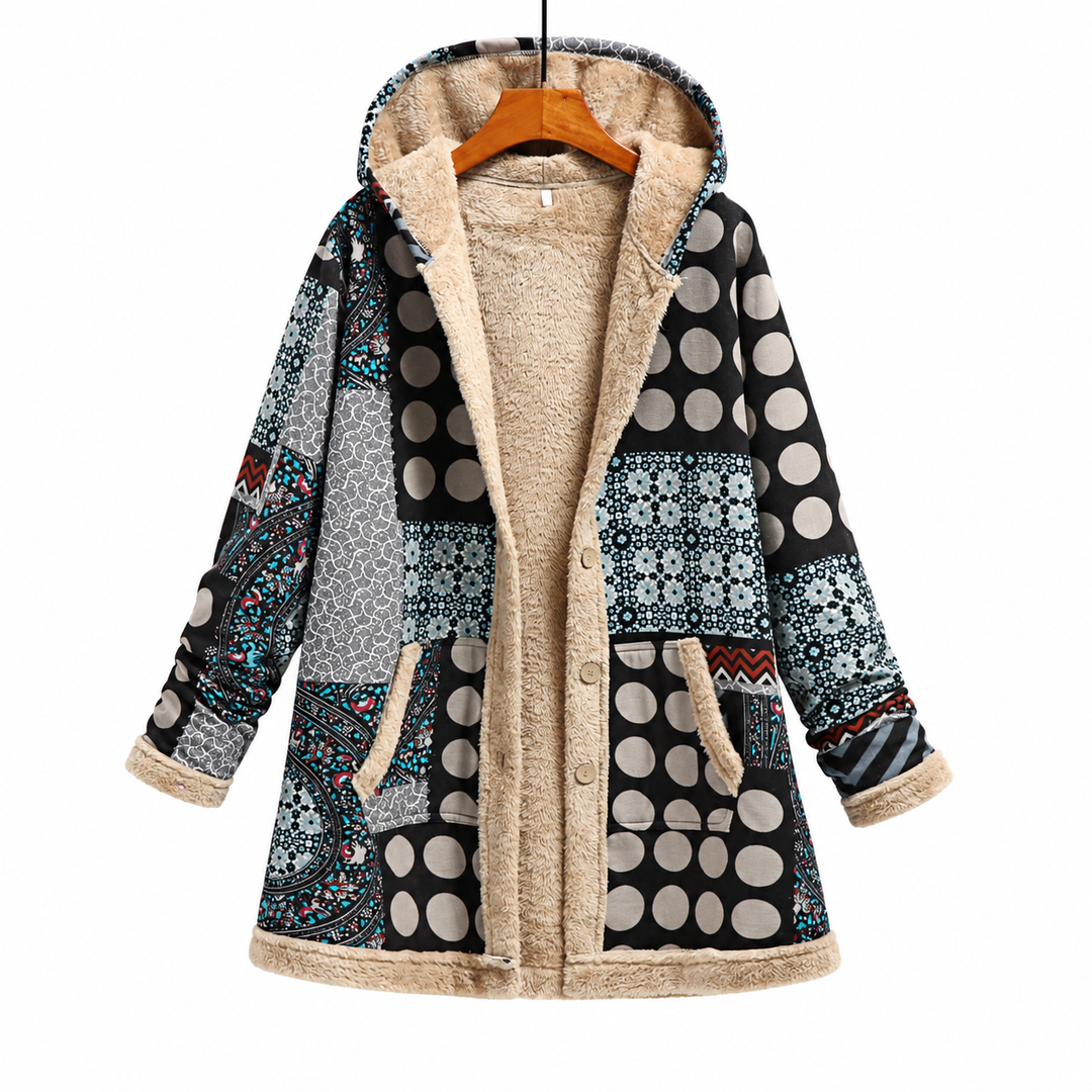 Grey jacket front view with dot and geometric prints