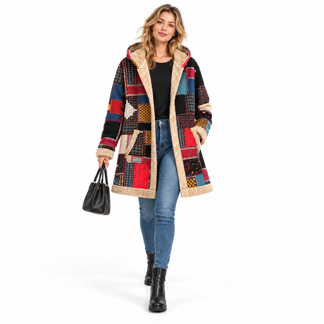 Blonde model wearing the red hooded jacket with jeans and carrying a black handbag