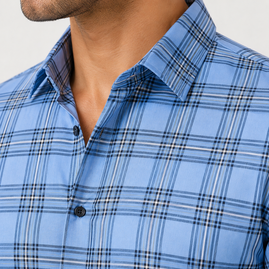 Close-up of the blue plaid men&