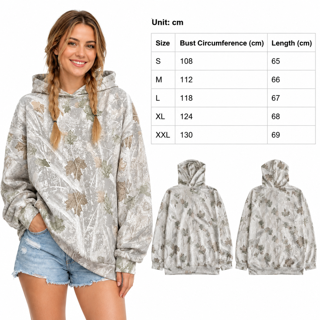 Printed pullover hoodie size reference with front and back garment views plus S to 2XL bust and length measurements in cm.