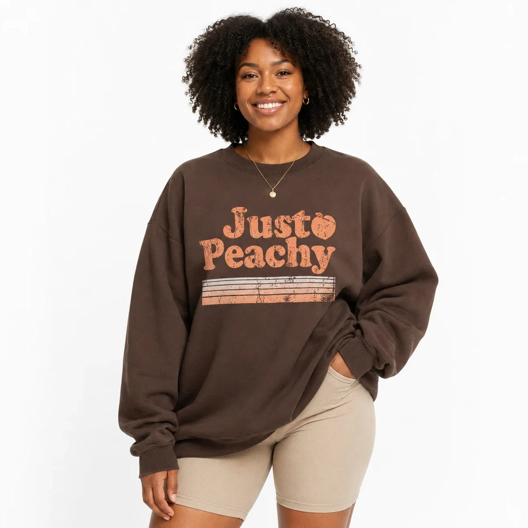 Coffee Brown printed sweatshirt for women in a clear front hero view with relaxed crew neck fit.