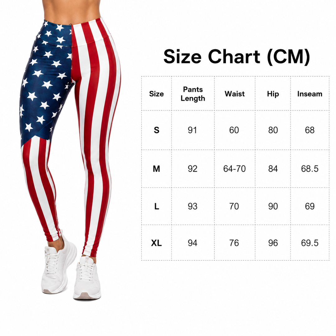 Printed yoga pants for women with American flag design and size chart in centimeters for S, M, L and XL.