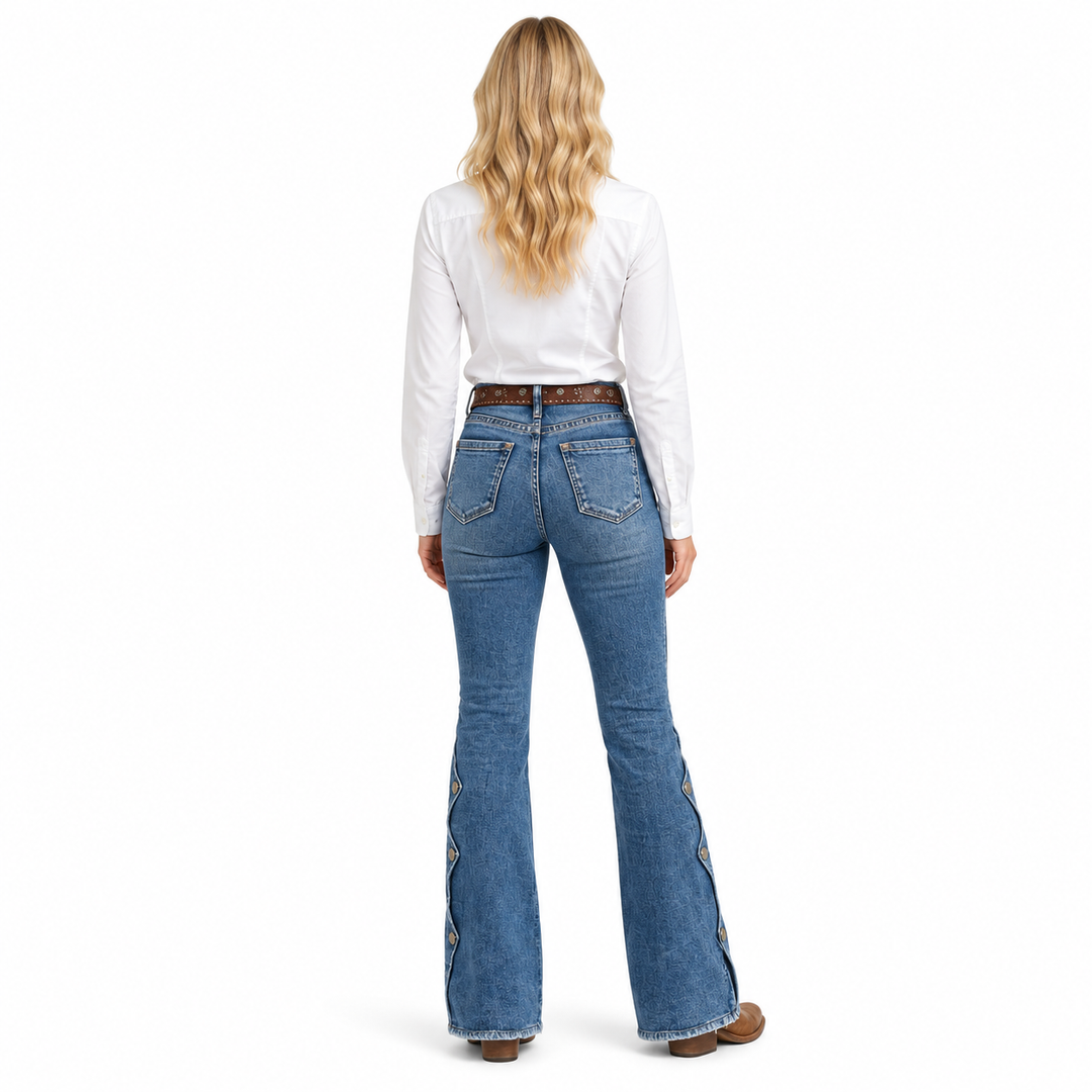Rear view of blue flare jeans showing the two back pockets and flared hems.