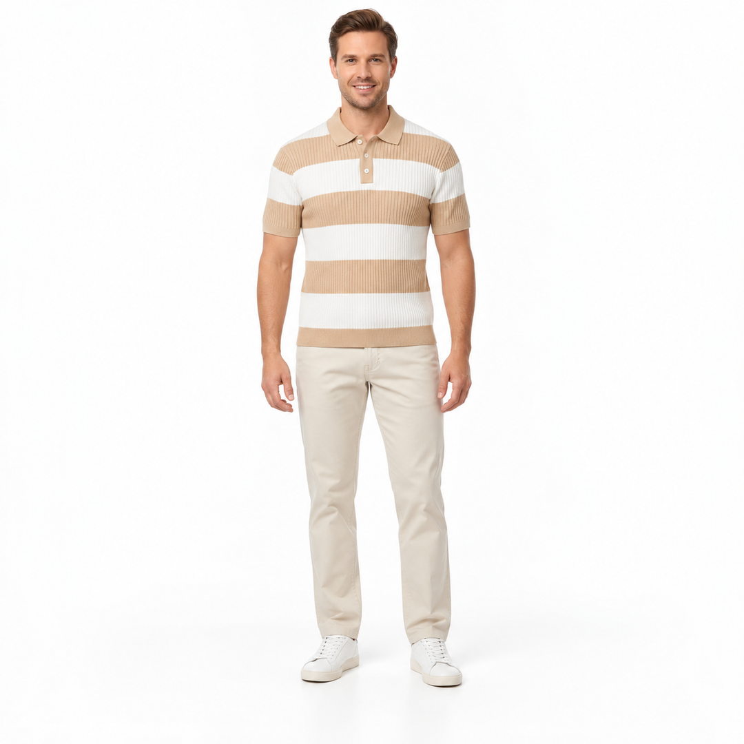 Front view of beige and ivory striped knit polo with three buttons and short sleeves.