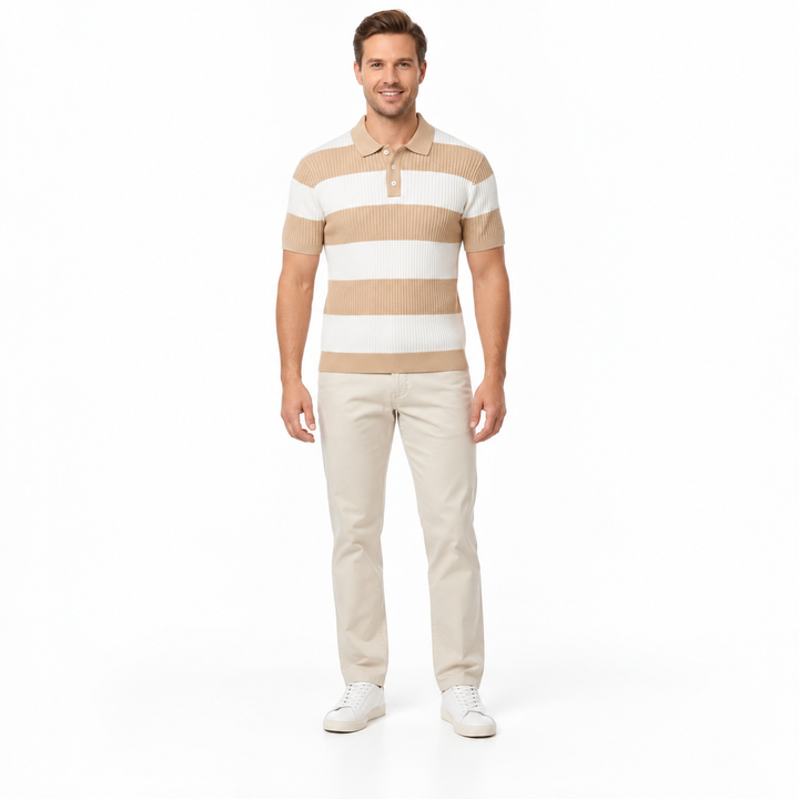 Front view of beige and ivory striped knit polo with three buttons and short sleeves.