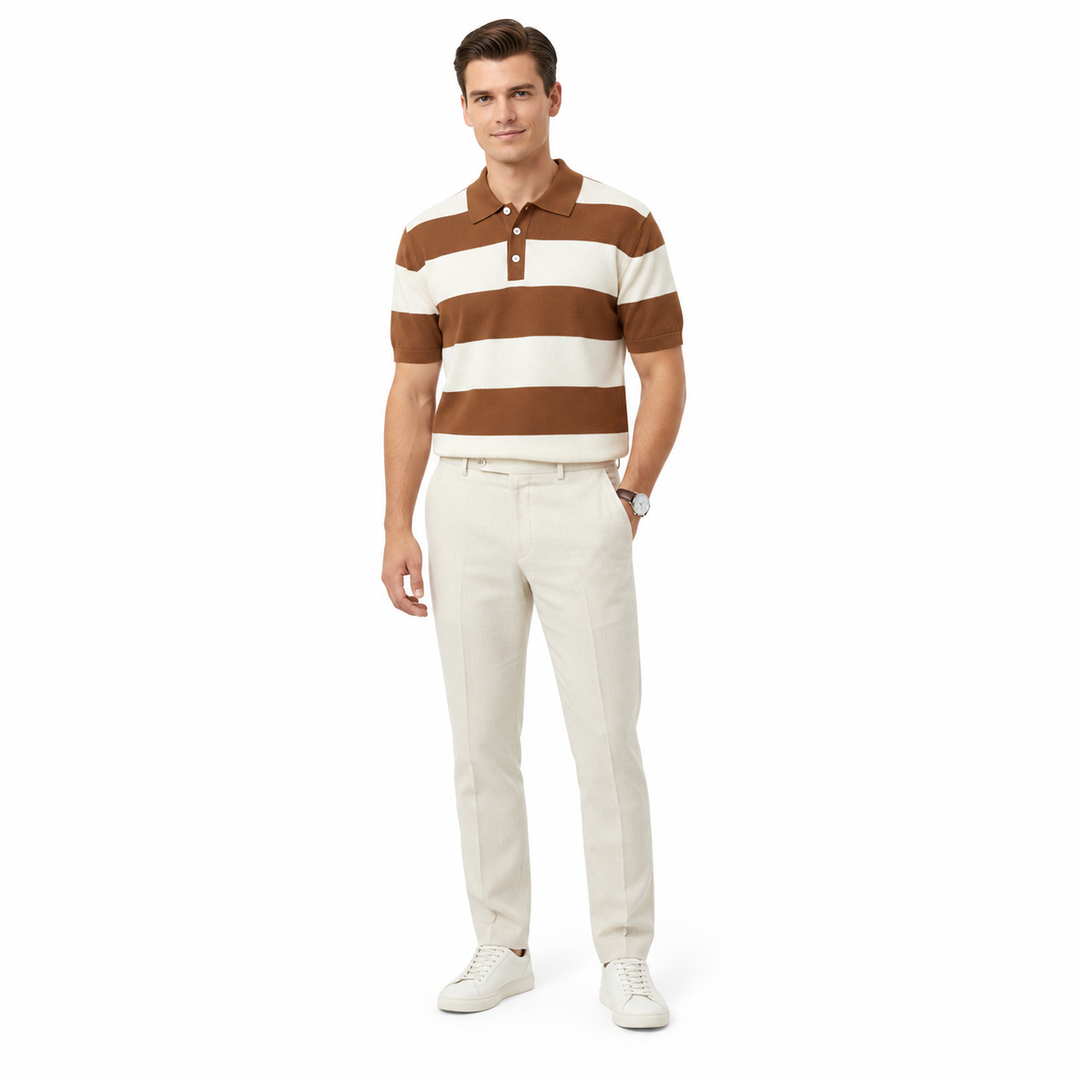 Coffee and ivory striped knit polo with dark collar on a full-body male model.