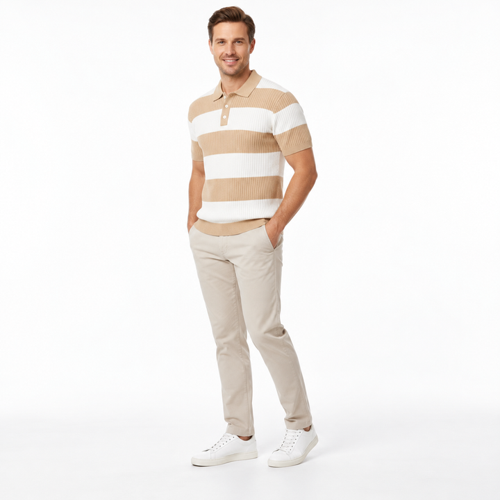 Three-quarter view of beige and ivory striped knit polo with ribbed hem.