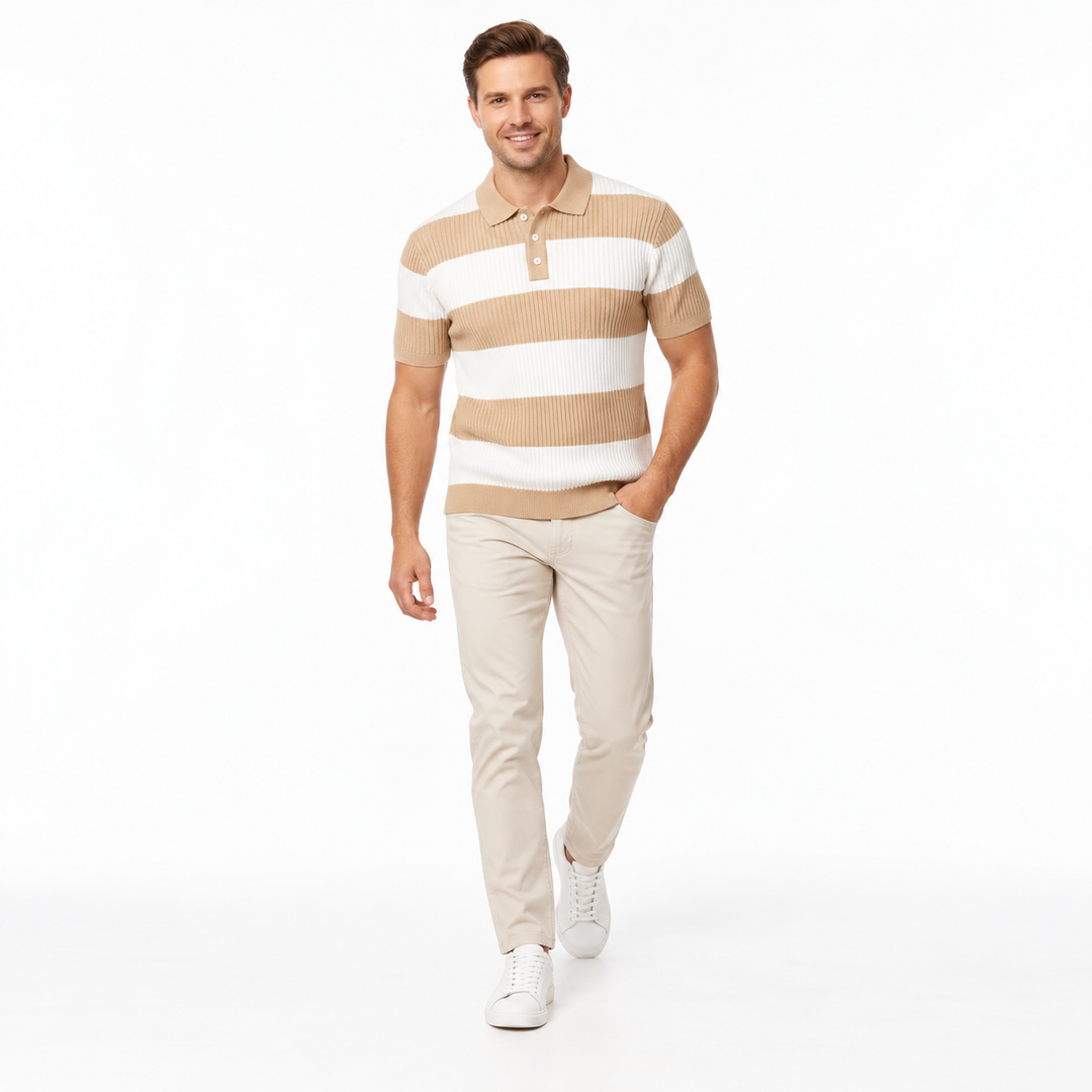 Beige striped knit polo styled with cream trousers in a full-body walking pose.
