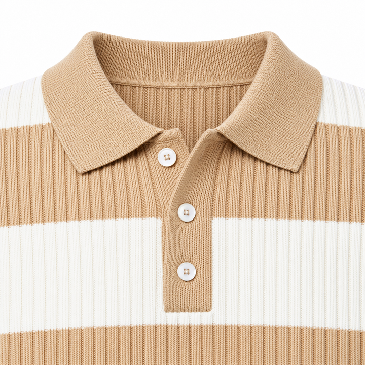 Close-up of beige knit collar, original buttons and ivory stripes.