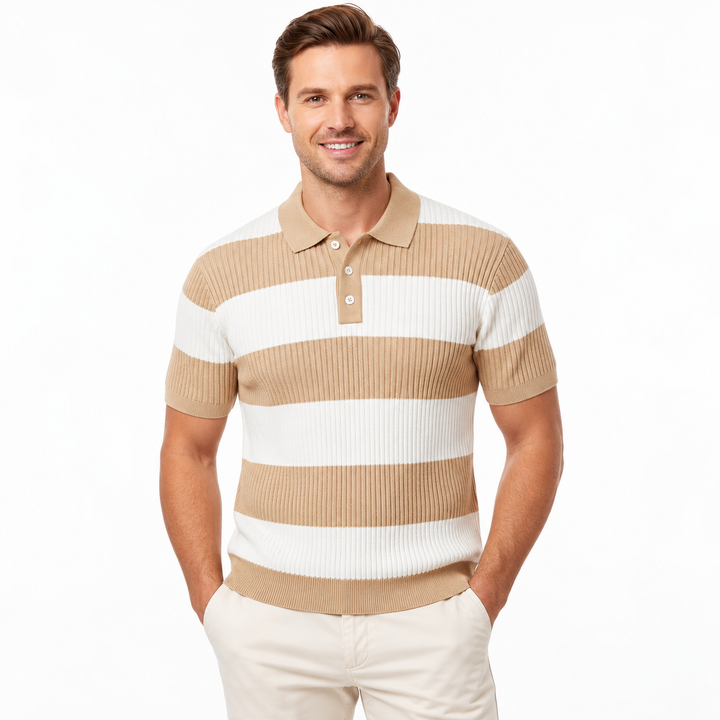 Beige and ivory knit polo detail showing collar, stripe texture and ribbed hem.