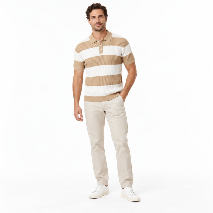 Beige striped knit polo on a second male model with cream trousers.