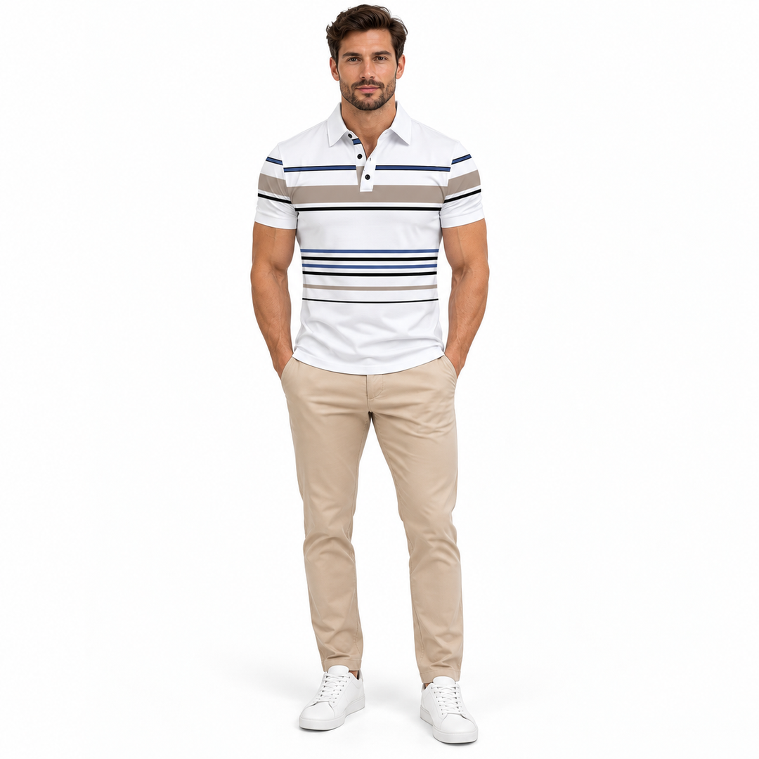 Striped polo shirt in white with navy, black and taupe stripes on a full-body model.