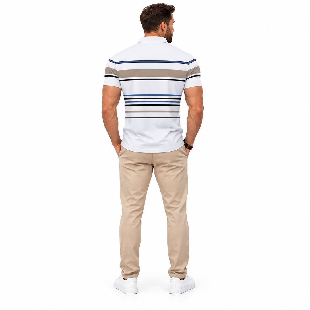 Rear view of white polo showing navy, black and taupe horizontal stripes.
