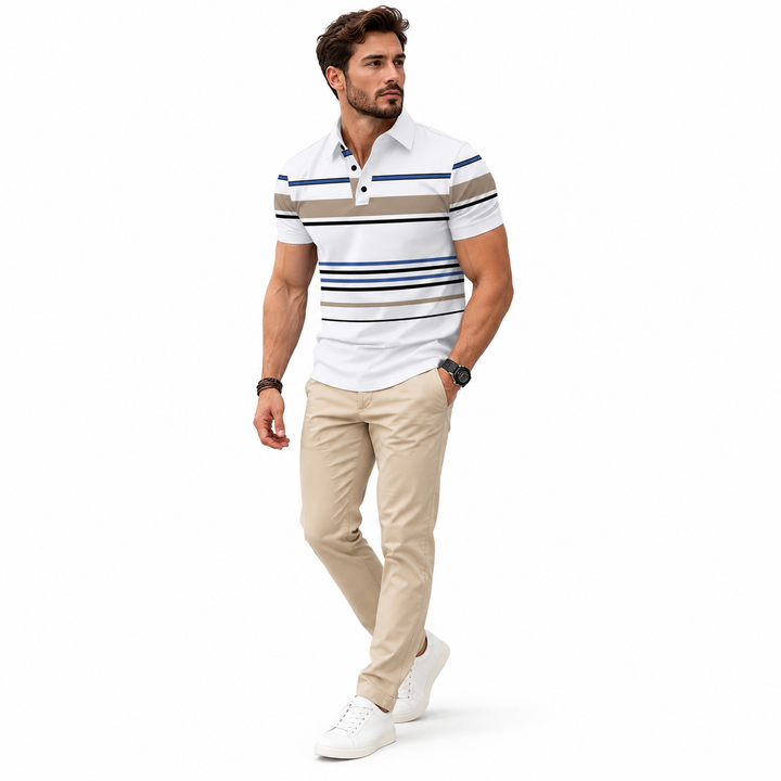 Three-quarter view of white striped polo styled with beige trousers.