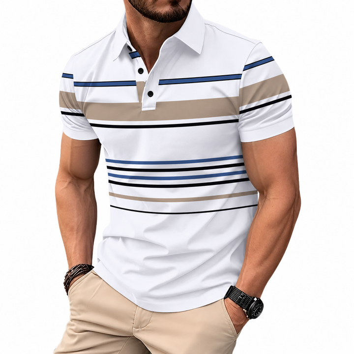 Close-up of white polo collar, dark buttons and navy, black and taupe stripes.