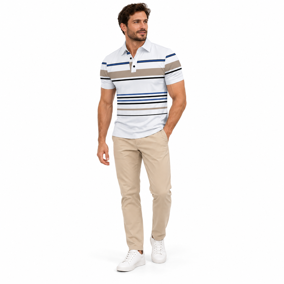 White striped polo worn by a second male model with beige trousers.