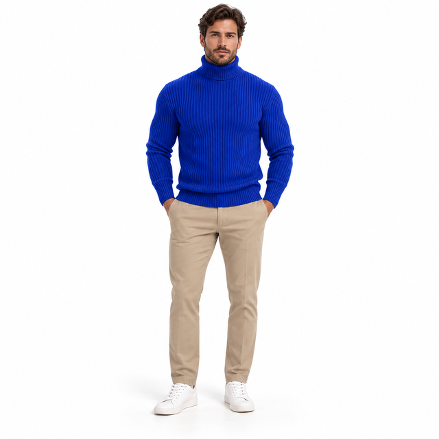 Men's turtleneck sweater in sapphire blue with vertical ribs on a full-body model.