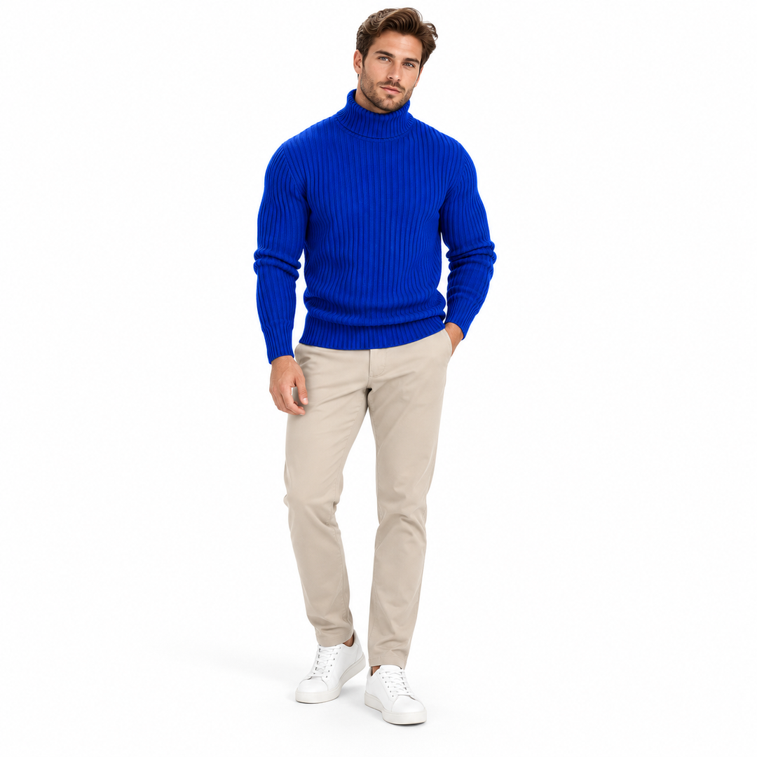 Sapphire blue ribbed turtleneck worn by a second male model.