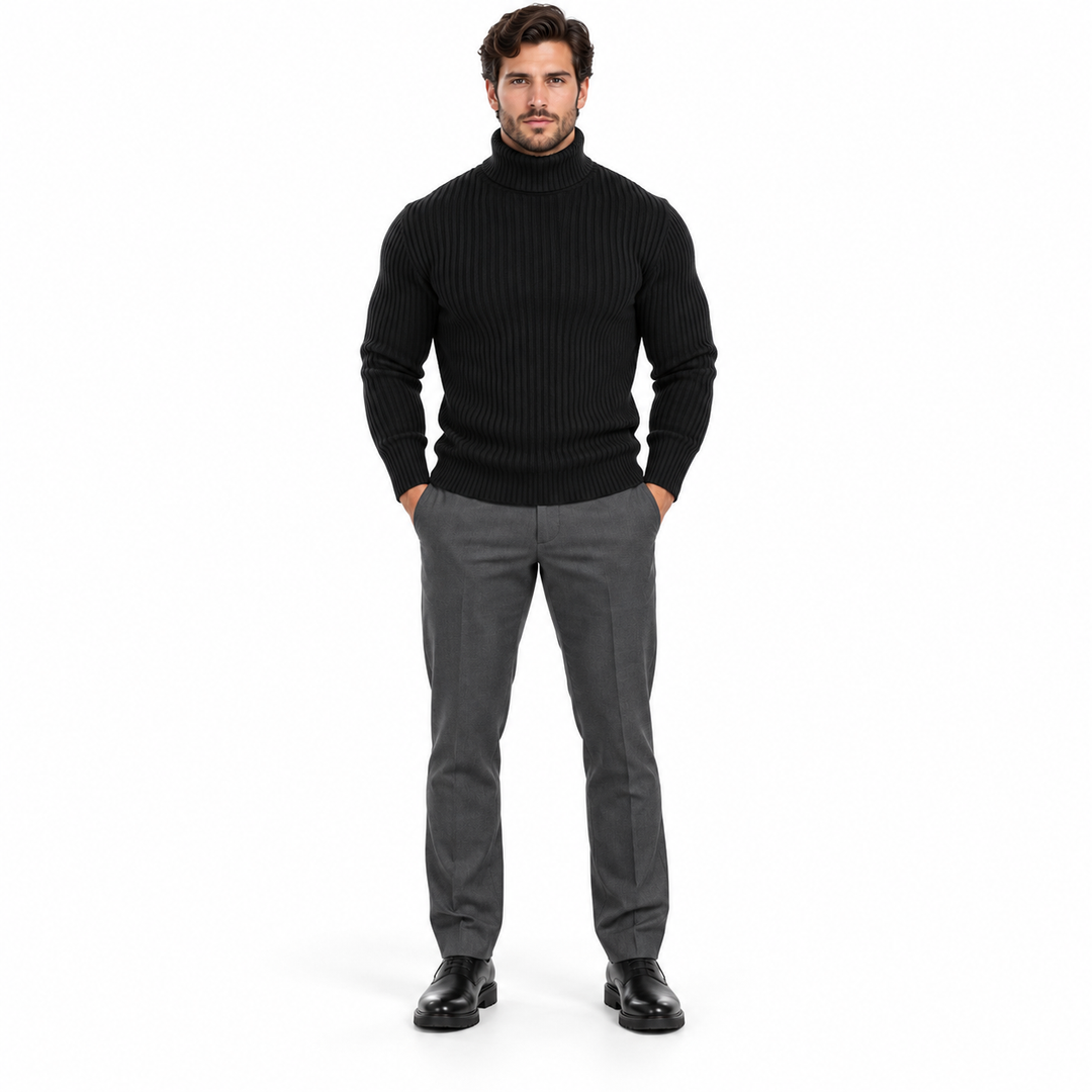 Black ribbed turtleneck worn by a full-body male model against a white background.
