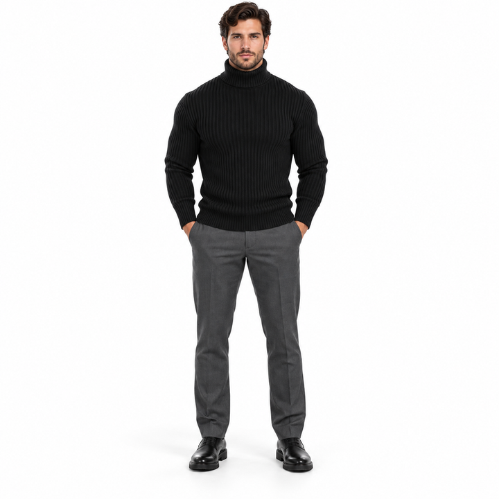 Black ribbed turtleneck worn by a full-body male model against a white background.