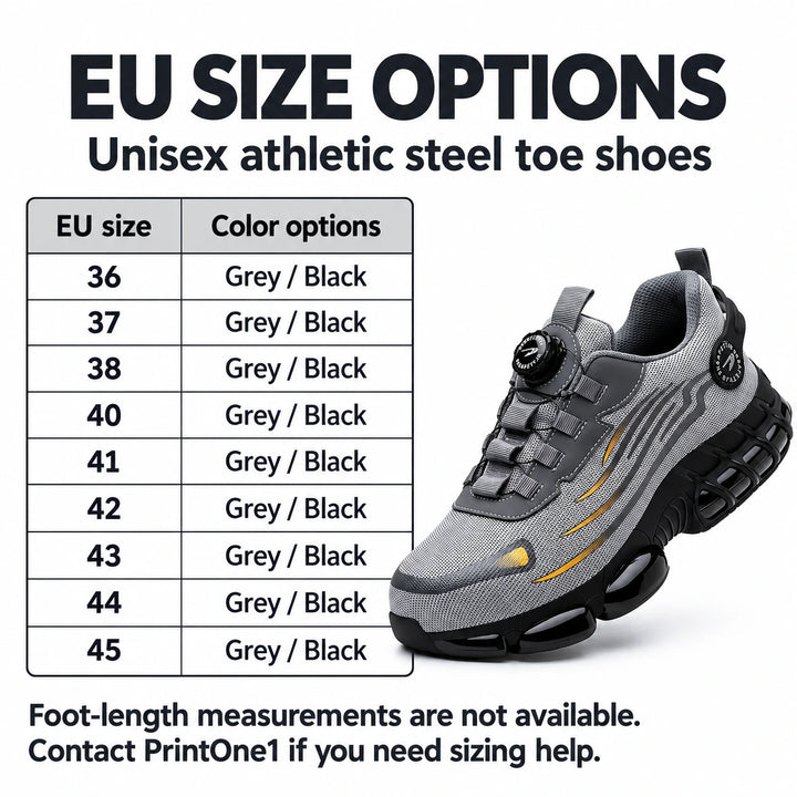 EU size options 36, 37, 38 and 40 to 45 for grey and black athletic steel toe shoes.