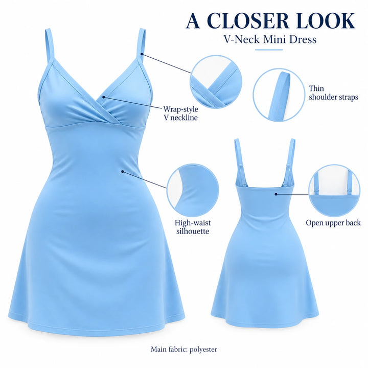 Sky blue dress infographic showing the wrap V neckline, thin straps, open upper back and high-waist silhouette.