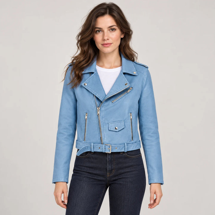 Model wearing the Blue belted jacket over a white top and dark jeans, showing a collar, zipper details, sleeves and hem belt.
